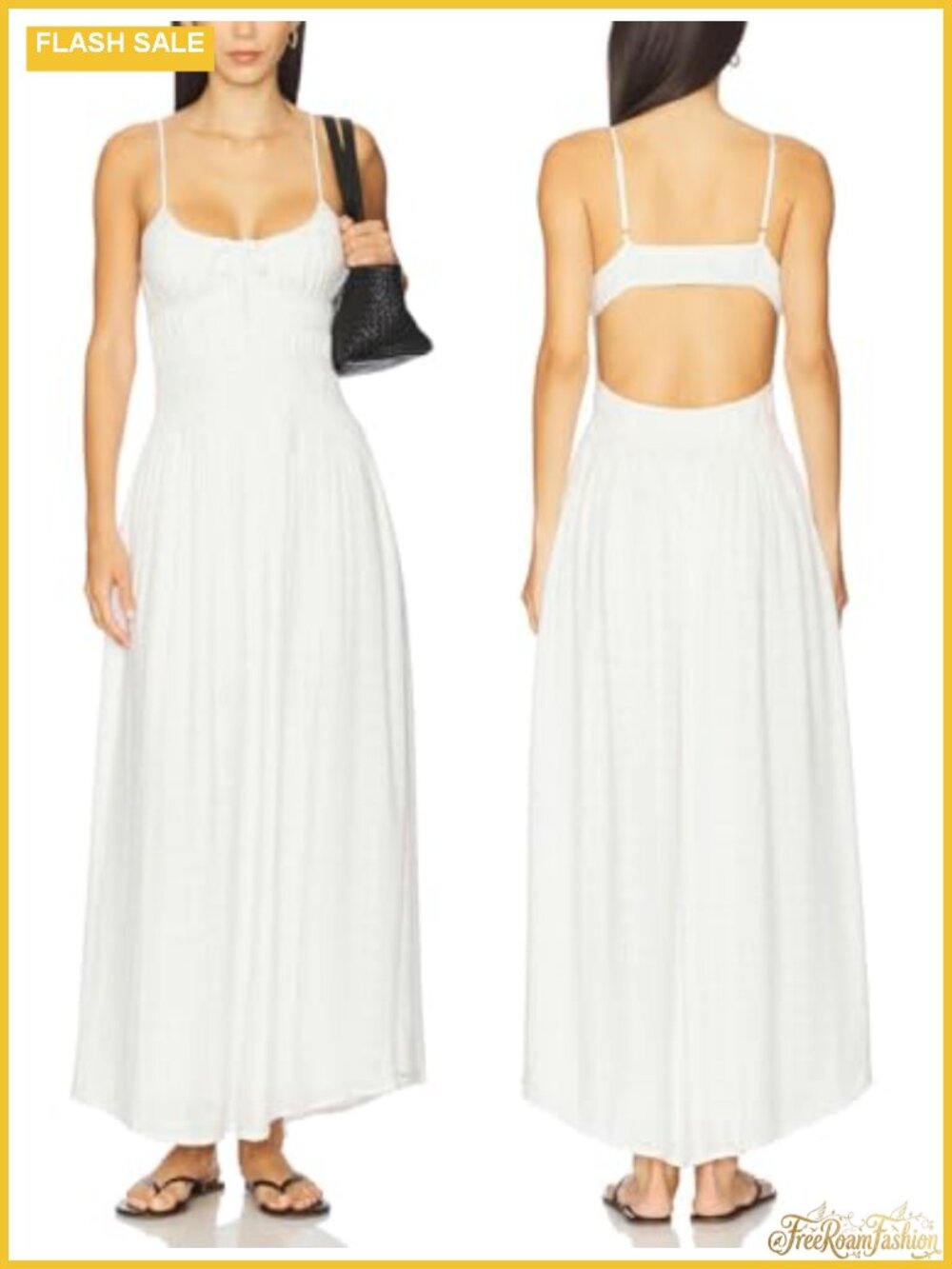 Women Smocked Open Back Flowy Maxi Dress with Pockets Boho Beach Casual